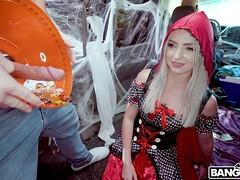 Britt Blair and Peter Green put on Halloween costumes in the BangBus