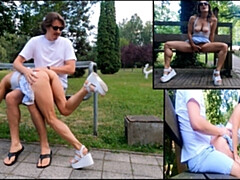 Risky Fucking And Ass Spanked On A Park Bench Among People
