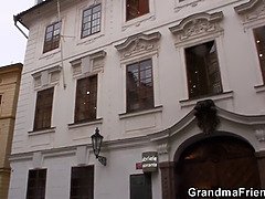 Hairy old woman spreads legs for two strangers