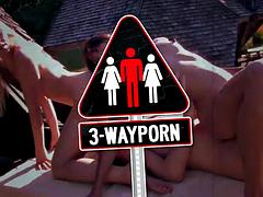 Grosse titten, Blondine, Braunhaarige, Gruppe, Masturbation, Öffentlich, Flotter dreier, Titten