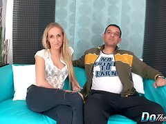 Watch blonde MILF Jenny Simons get all her holes drilled while her cuckold hubby watches in HD