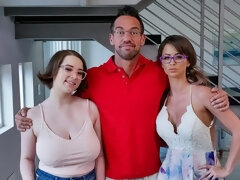 デカパイ, ブロンド, フェラチオ, 女 人男 人, 手コキする, なめる, 三人