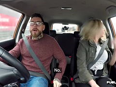 Busty instructor MILF fucked by driver in car POV