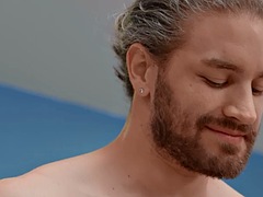 Eager solo jock with hairy chests jerks cock at home