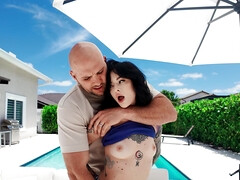 Small brunette rotates around her mom's bf's dick