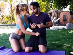 Blonde MILF gives athletic outdoor blowjob to fit stepmom's big tits son