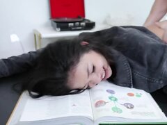 Asian coed wants to enjoy tutor's cock and she starts acting