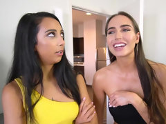 Desiree Dulce and Kiarra Kai giving guy a salacious stepsister blowjob