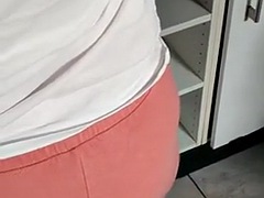 Step mom big ass in pink pants get slapped by step son in the kitchen