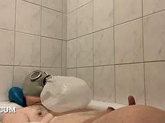 BHDL - N.V.A. BREATHTUB - LATEX GAS MASK BREATHING IN THE BATHTUB AND CUMMING TWICE