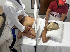 Pervert poses as a gynecologist to fuck the beautiful wife with her stupid husband in an erotic medical consultation